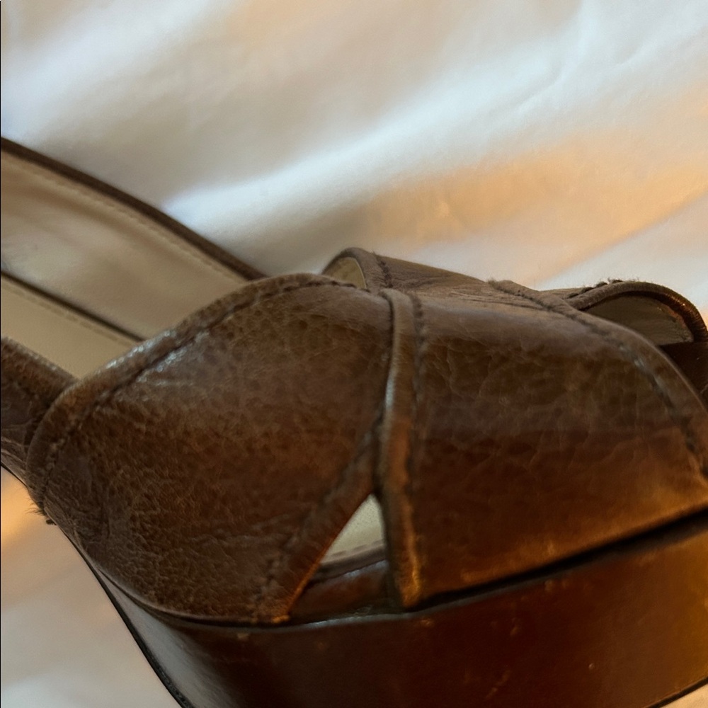 Prada Brown Leather Peep-Toe Slingback Heels - Picture 3 of 5